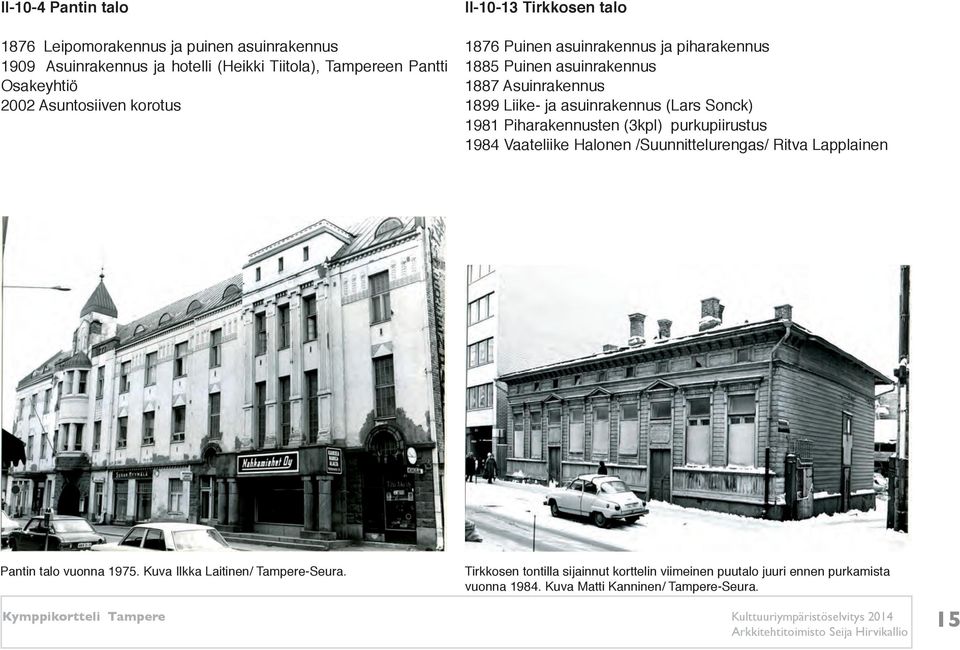 asuinrakennus (Lars Sonck) 1981 Piharakennusten (3kpl) purkupiirustus 1984 Vaateliike Halonen /Suunnittelurengas/ Ritva Lapplainen Pantin talo vuonna