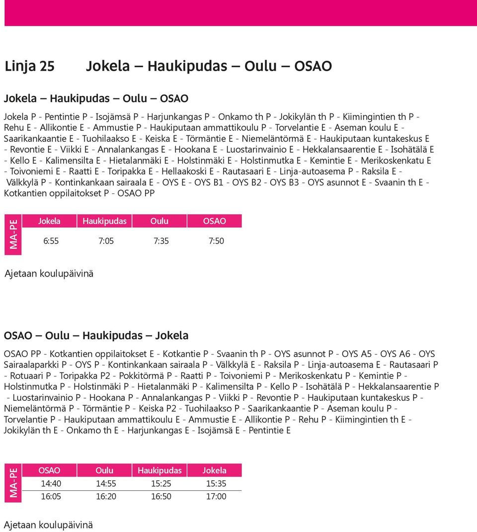 Viikki E - Annalankangas E - Hookana E - Luostarinvainio E - Hekkalansaarentie E - Isohätälä E - Kello E - Kalimensilta E - Hietalanmäki E - Holstinmäki E - Holstinmutka E - Kemintie E -