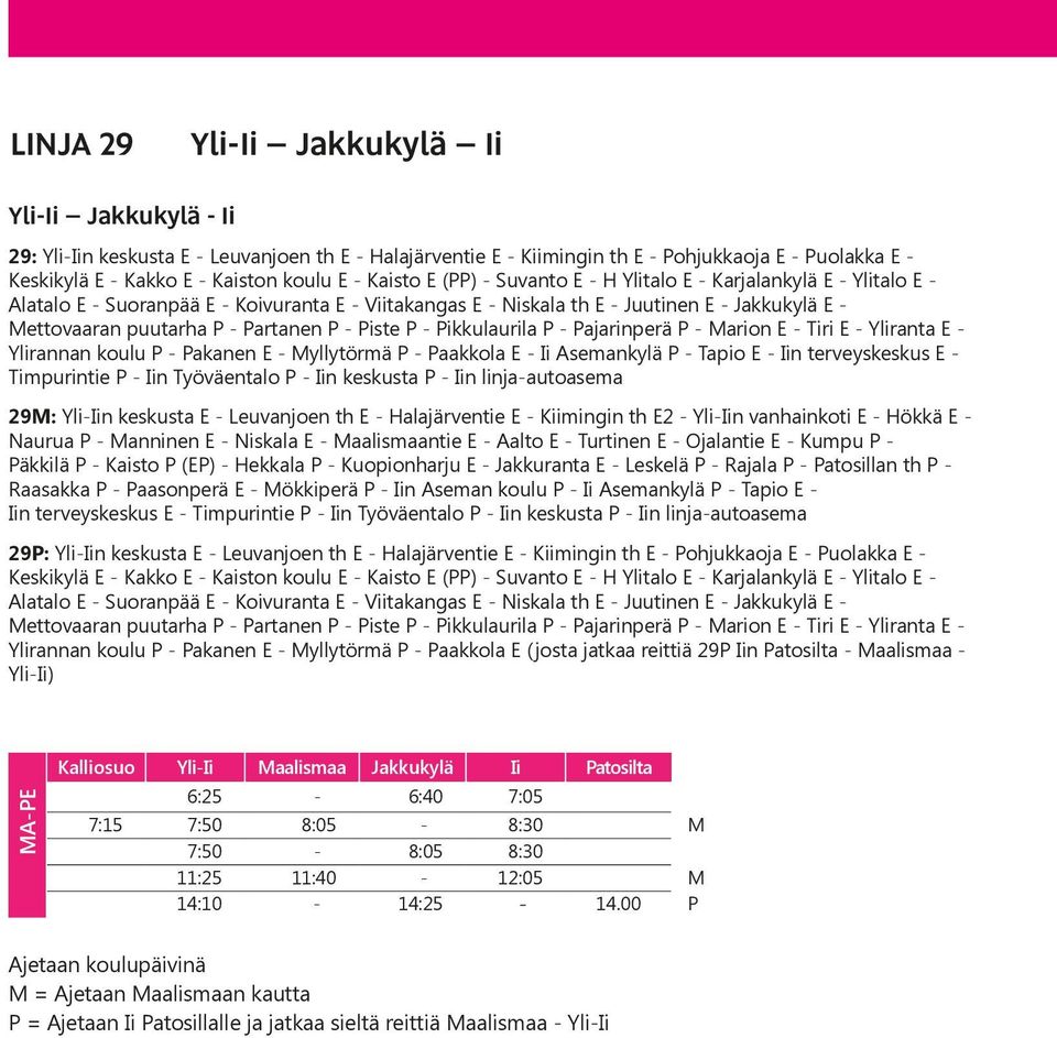 Partanen P - Piste P - Pikkulaurila P - Pajarinperä P - Marion E - Tiri E - Yliranta E - Ylirannan koulu P - Pakanen E - Myllytörmä P - Paakkola E - Ii Asemankylä P - Tapio E - Iin terveyskeskus E -