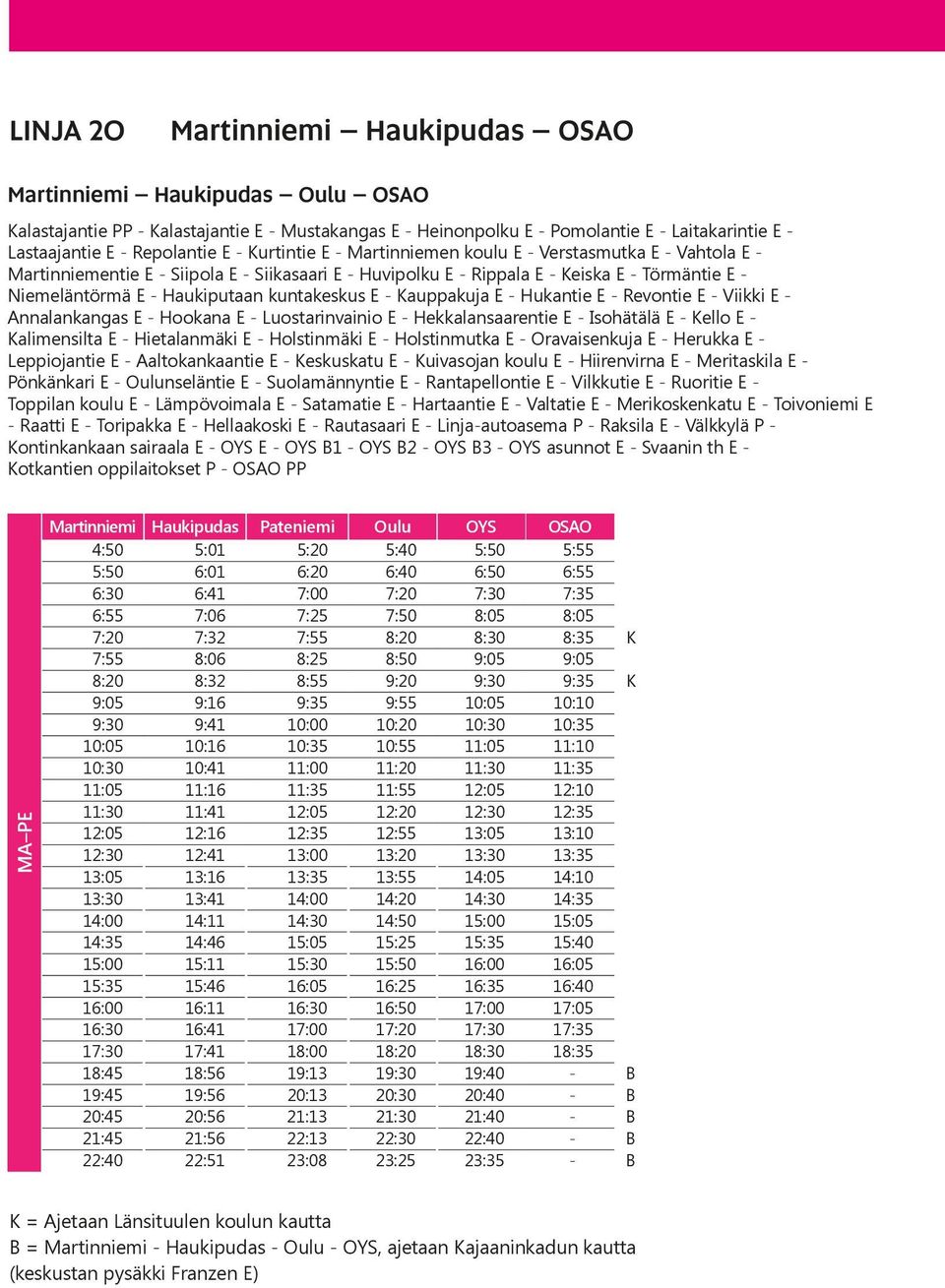 kuntakeskus E - Kauppakuja E - Hukantie E - Revontie E - Viikki E - Annalankangas E - Hookana E - Luostarinvainio E - Hekkalansaarentie E - Isohätälä E - Kello E - Kalimensilta E - Hietalanmäki E -