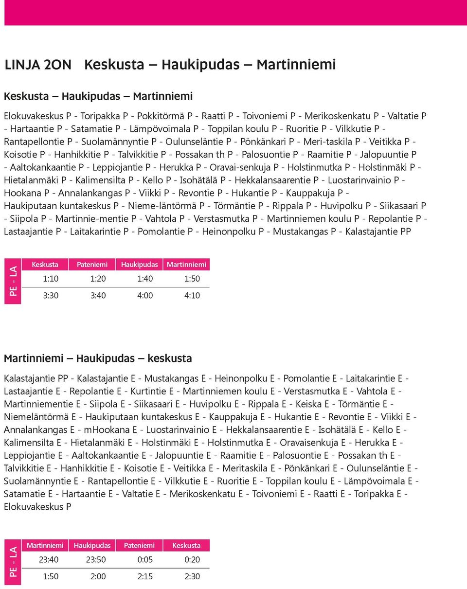 Hanhikkitie P - Talvikkitie P - Possakan th P - Palosuontie P - Raamitie P - Jalopuuntie P - Aaltokankaantie P - Leppiojantie P - Herukka P - Oravai-senkuja P - Holstinmutka P - Holstinmäki P -