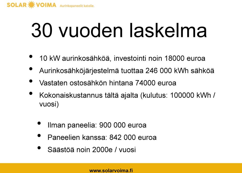 hintana 74000 euroa Kokonaiskustannus tältä ajalta (kulutus: 100000 kwh /