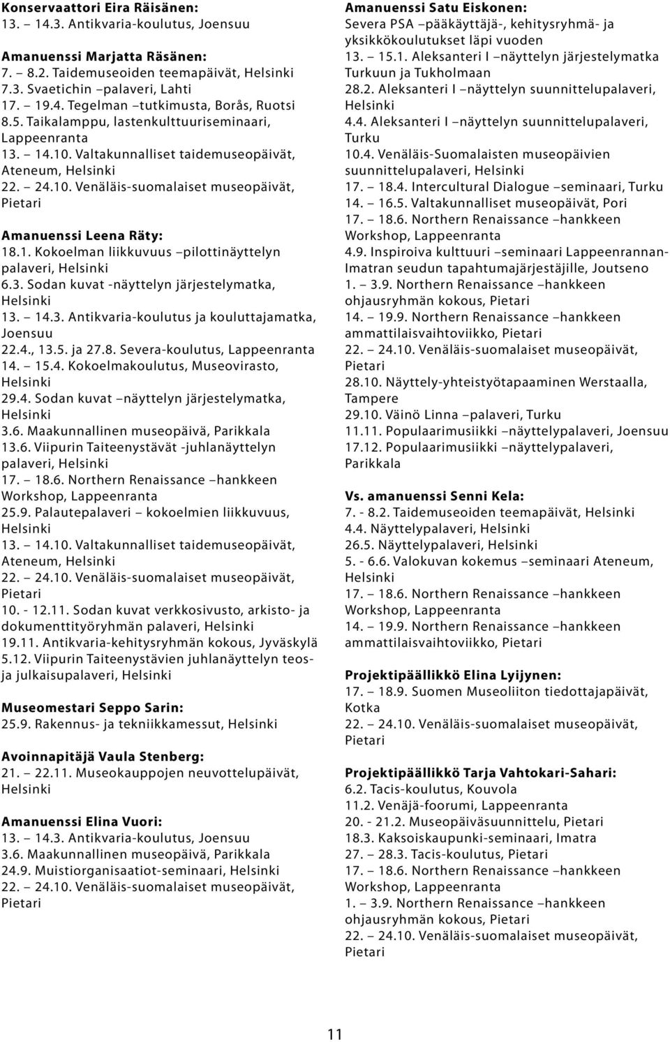 3. Sodan kuvat -näyttelyn järjestelymatka, Helsinki 13. 14.3. Antikvaria-koulutus ja kouluttajamatka, Joensuu 22.4., 13.5. ja 27.8. Severa-koulutus, Lappeenranta 14. 15.4. Kokoelmakoulutus, Museovirasto, Helsinki 29.