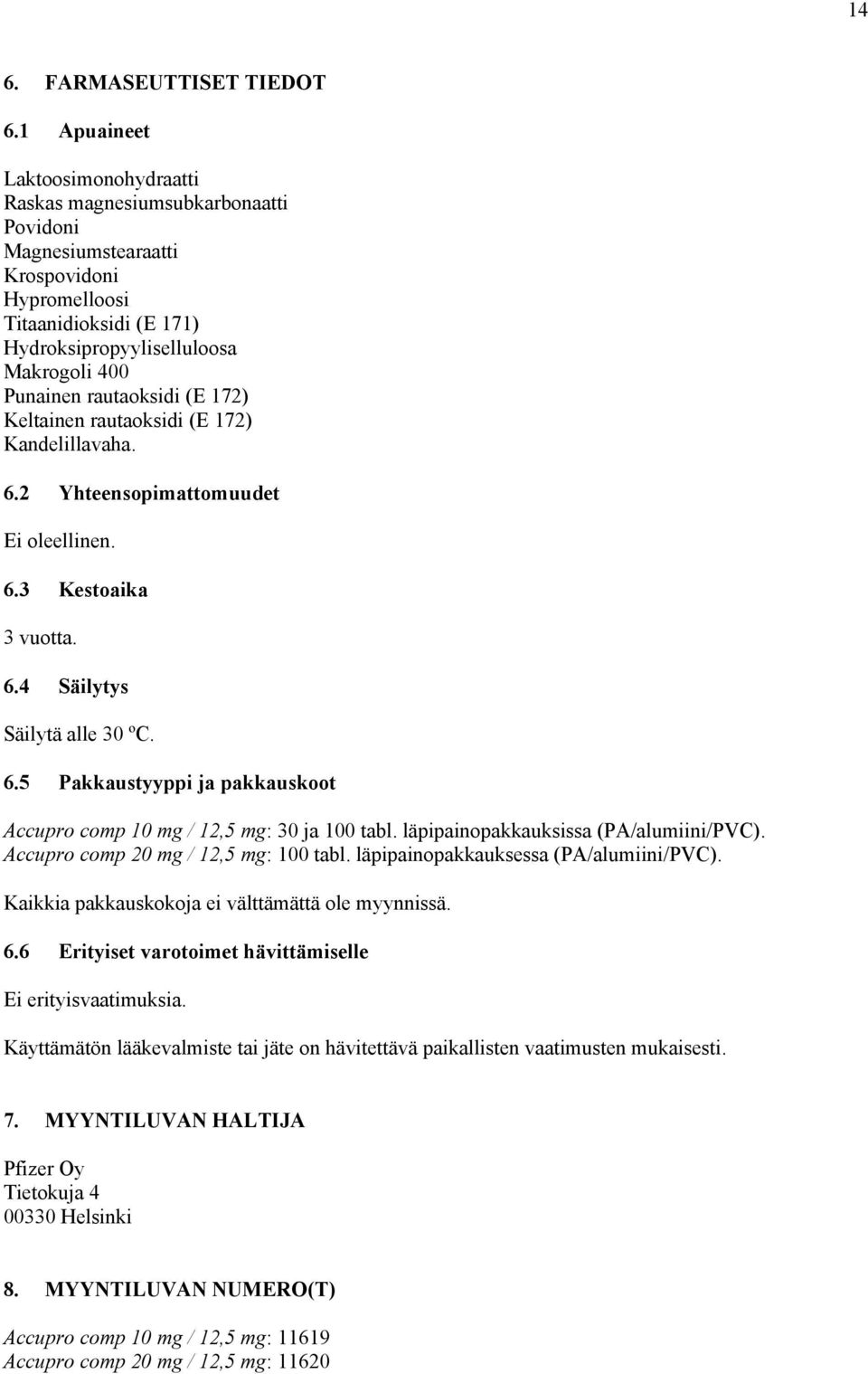 rautaoksidi (E 172) Keltainen rautaoksidi (E 172) Kandelillavaha. 6.2 Yhteensopimattomuudet Ei oleellinen. 6.3 Kestoaika 3 vuotta. 6.4 Säilytys Säilytä alle 30 ºC. 6.5 Pakkaustyyppi ja pakkauskoot Accupro comp 10 mg / 12,5 mg: 30 ja 100 tabl.