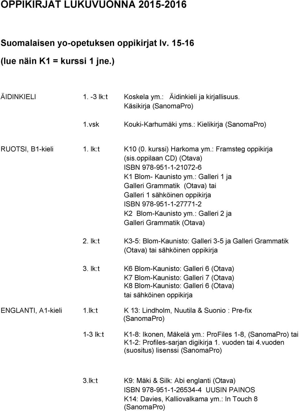 : Galleri 1 ja Galleri Grammatik (Otava) tai Galleri 1 sähköinen oppikirja ISBN 978-951-1-27771-2 K2 Blom-Kaunisto ym.: Galleri 2 ja Galleri Grammatik (Otava) 2.