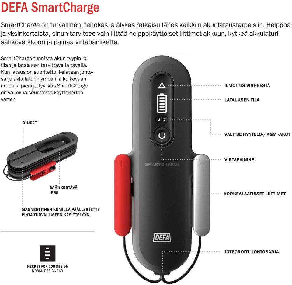 SmartCharge tunnista akun tyypin ja tilan ja lataa sen tarvittavalla tavalla.