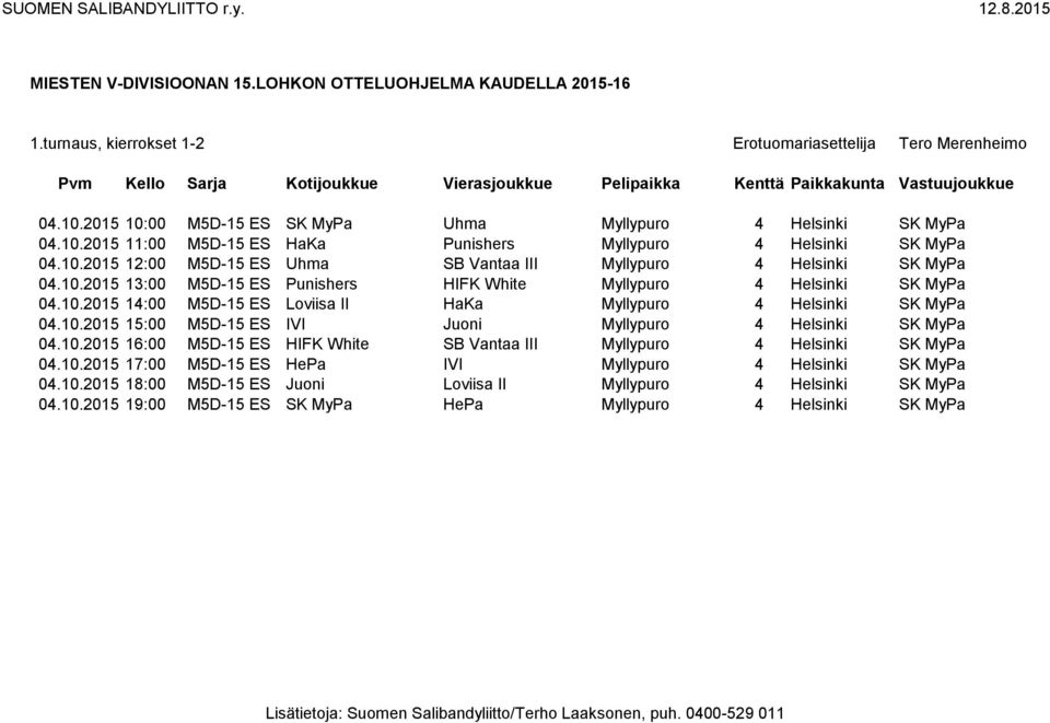 10.2015 15:00 M5D-15 ES IVI Juoni Myllypuro 4 Helsinki SK MyPa 04.10.2015 16:00 M5D-15 ES HIFK White SB Vantaa III Myllypuro 4 Helsinki SK MyPa 04.10.2015 17:00 M5D-15 ES HePa IVI Myllypuro 4 Helsinki SK MyPa 04.