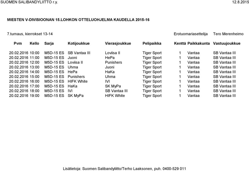 02.2016 15:00 M5D-15 ES Punishers Uhma Tiger Sport 1 Vantaa SB Vantaa III 20.02.2016 16:00 M5D-15 ES HIFK White IVI Tiger Sport 1 Vantaa SB Vantaa III 20.02.2016 17:00 M5D-15 ES HaKa SK MyPa Tiger Sport 1 Vantaa SB Vantaa III 20.