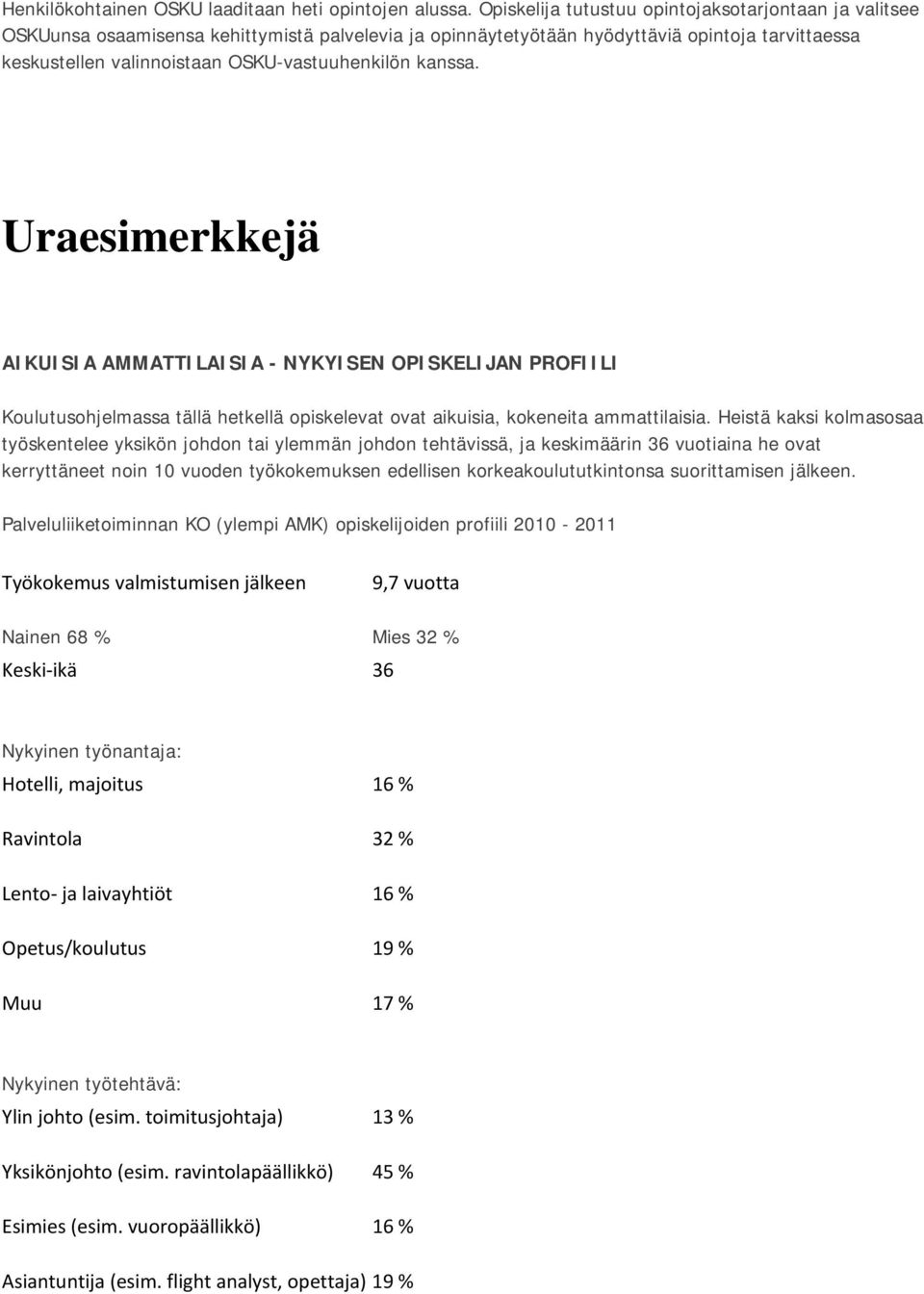 kanssa. Uraesimerkkejä AIKUISIA AMMATTILAISIA - NYKYISEN OPISKELIJAN PROFIILI Koulutusohjelmassa tällä hetkellä opiskelevat ovat aikuisia, kokeneita ammattilaisia.