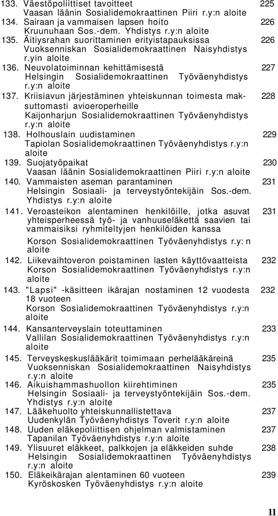 y:n 137. Kriisiavun järjestäminen yhteiskunnan toimesta mak- 228 suttomasti avioeroperheille Kaijonharjun Sosialidemokraattinen Työväenyhdistys r.y:n 138.