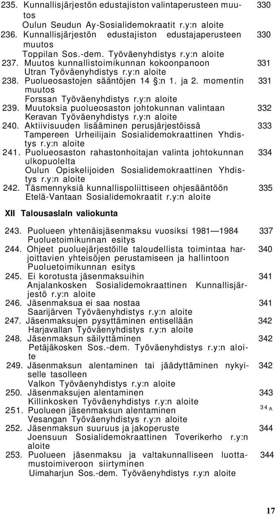 Muutoksia puolueosaston johtokunnan valintaan 332 Keravan Työväenyhdistys r.y:n 240. Aktiivisuuden lisääminen perusjärjestöissä 333 Tampereen Urheilijain Sosialidemokraattinen Yhdistys r.y:n 241.