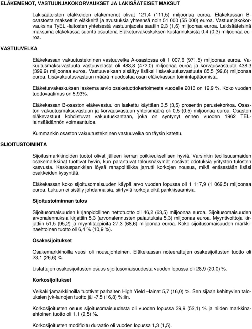 Lakisääteisinä maksuina eläkekassa suoritti osuutena Eläketurvakeskuksen kustannuksista 0,4 (0,3) miljoonaa euroa.