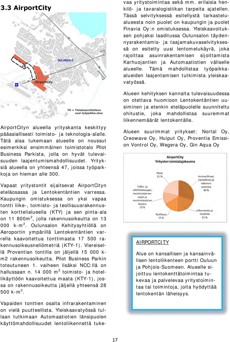 Yrityksiä alueella on yhteensä 47, joissa työpaikkoja on hieman alle 300. Vapaat yritystontit sijaitsevat AirportCityn eteläosassa ja Lentokentäntien varressa.