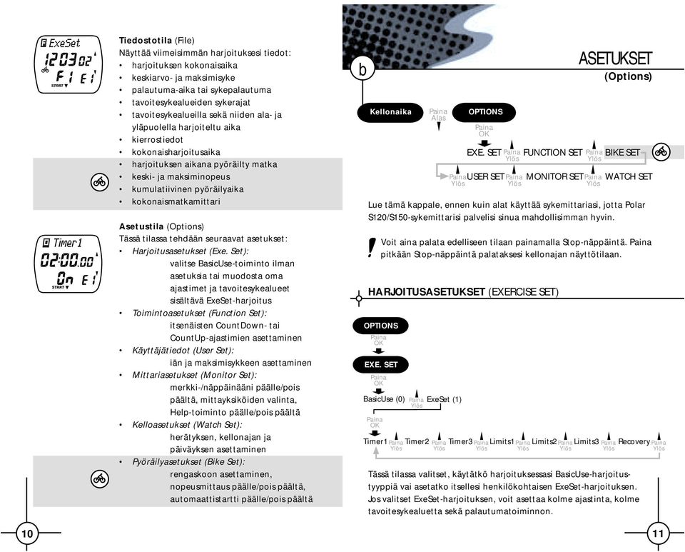 Asetustila (Options) Tässä tilassa tehdään seuraavat asetukset: Harjoitusasetukset (Exe.