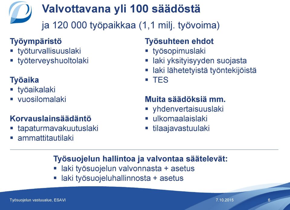 tapaturmavakuutuslaki ammattitautilaki Työsuhteen ehdot työsopimuslaki laki yksityisyyden suojasta laki lähetetyistä