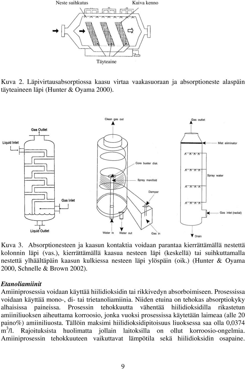 ), kierrättämällä kaasua nesteen läpi (keskellä) tai suihkuttamalla nestettä ylhäältäpäin kaasun kulkiessa nesteen läpi ylöspäin (oik.) (Hunter & Oyama 2000, Schnelle & Brown 2002).