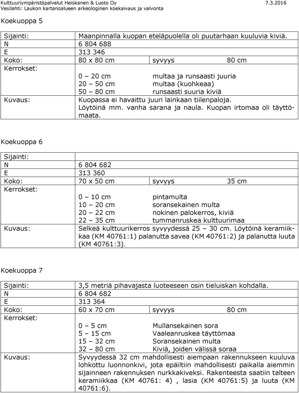 Löytöinä mm. vanha sarana ja naula. Kuopan irtomaa oli täyttömaata.