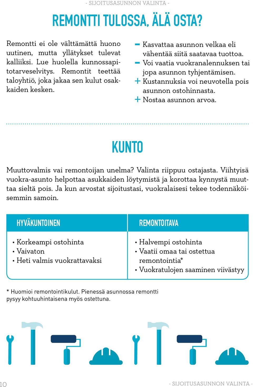 Voi vaatia vuokranalennuksen tai jopa asunnon tyhjentämisen. + Kustannuksia voi neuvotella pois asunnon ostohinnasta. + Nostaa asunnon arvoa. KUNTO Muuttovalmis vai remontoijan unelma?