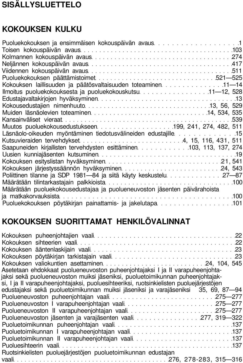 Edustajavaltakirjojen hyväksyminen 13 Kokousedustajien nimenhuuto 13, 56, 529 Muiden läsnäolevien toteaminen 14, 534, 535 Kansainväliset vieraat 539 Muutos puoluekokousedustukseen 199, 241, 274, 482,