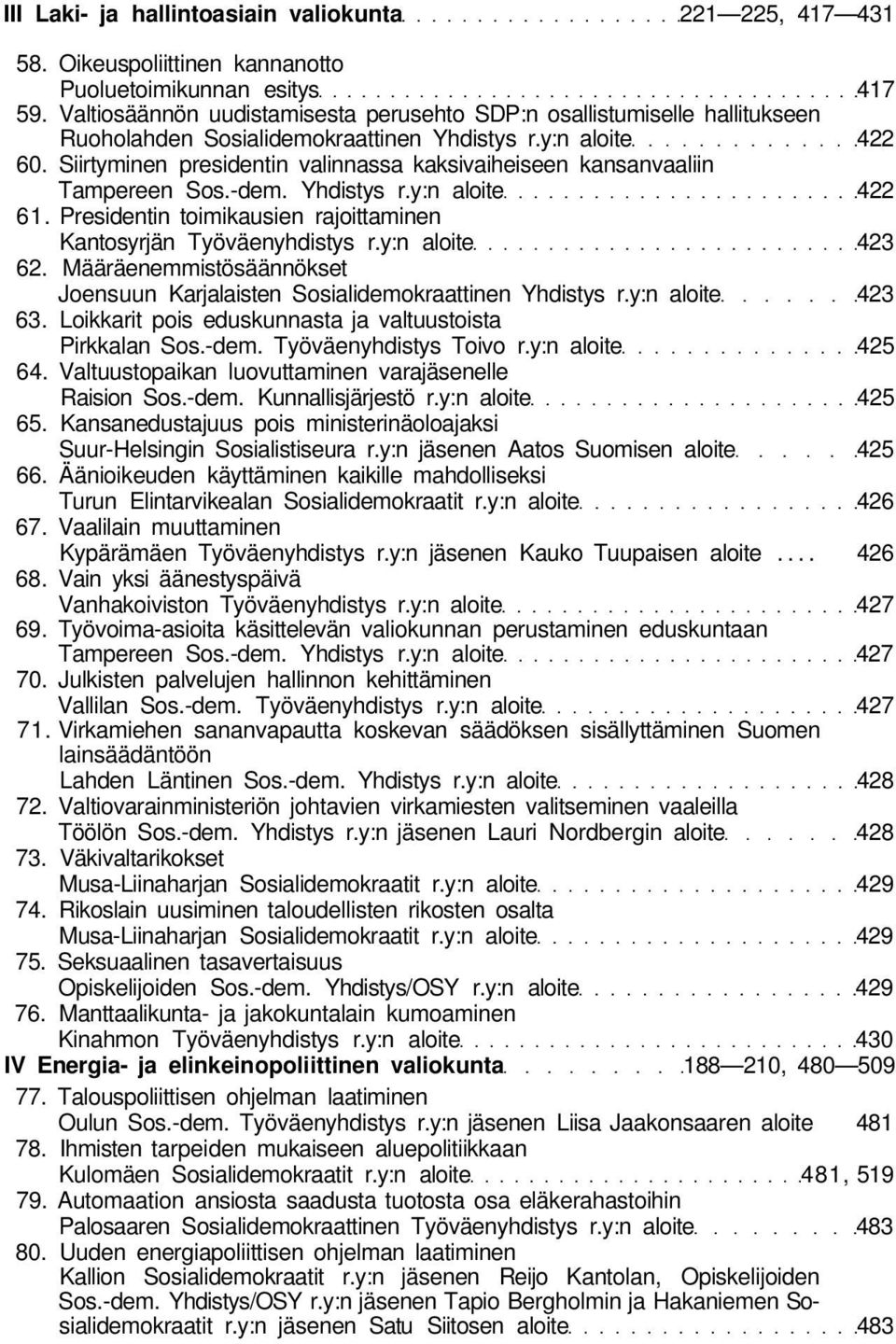 Siirtyminen presidentin valinnassa kaksivaiheiseen kansanvaaliin Tampereen Sos.-dem. Yhdistys r.y:n aloite 422 61. Presidentin toimikausien rajoittaminen Kantosyrjän Työväenyhdistys r.