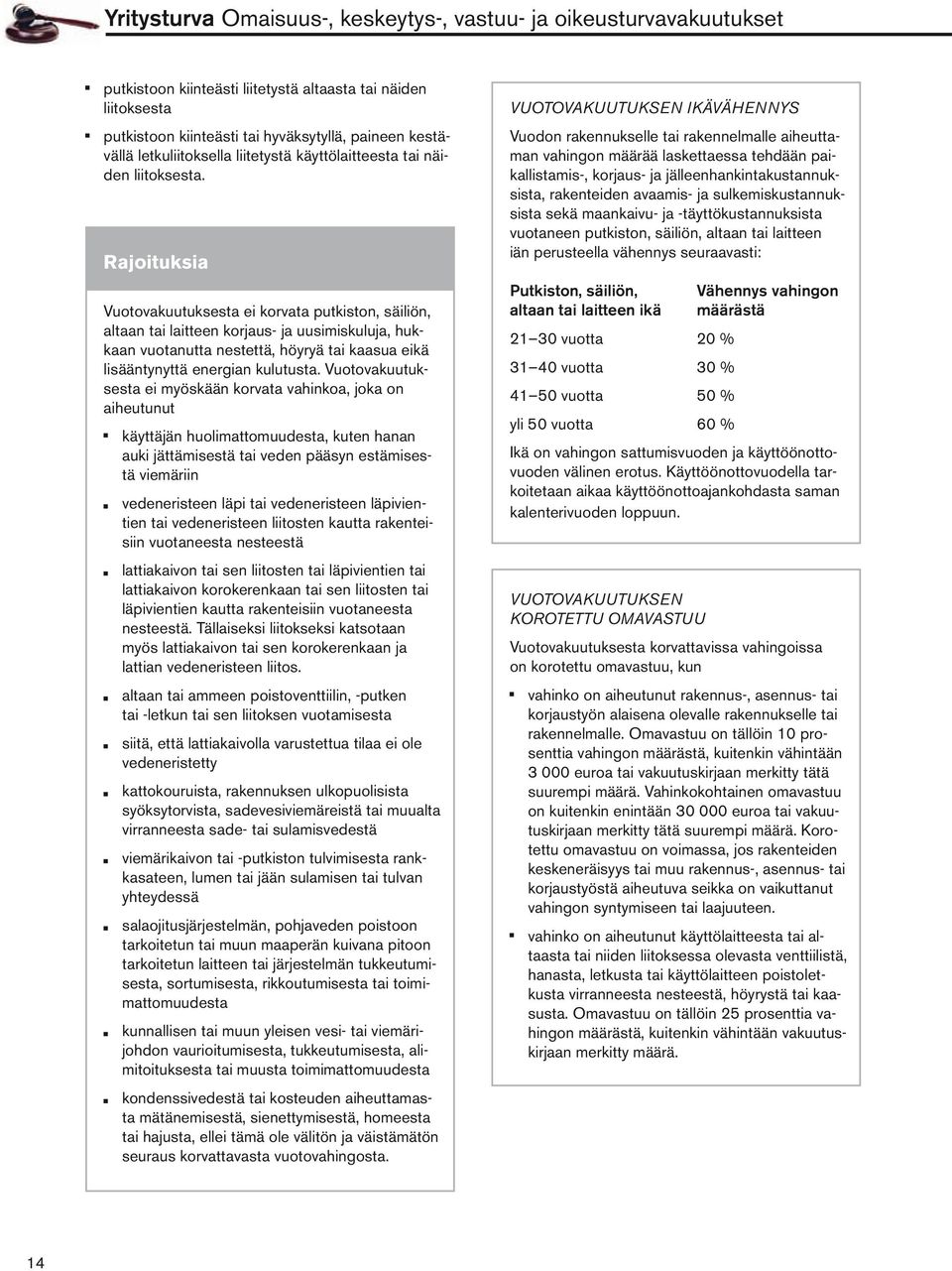 Rajoituksia Vuotovakuutuksesta ei korvata putkiston, säiliön, altaan tai laitteen korjaus- ja uusimiskuluja, hukkaan vuotanutta nestettä, höyryä tai kaasua eikä lisääntynyttä energian kulutusta.