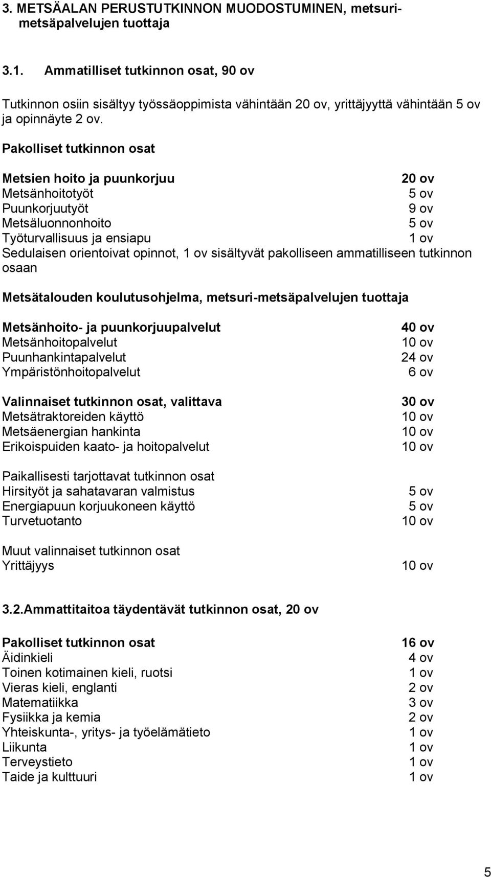 Pakolliset tutkinnon osat Metsien hoito ja puunkorjuu 20 ov Metsänhoitotyöt 5 ov Puunkorjuutyöt 9 ov Metsäluonnonhoito 5 ov Työturvallisuus ja ensiapu 1 ov Sedulaisen orientoivat opinnot, 1 ov