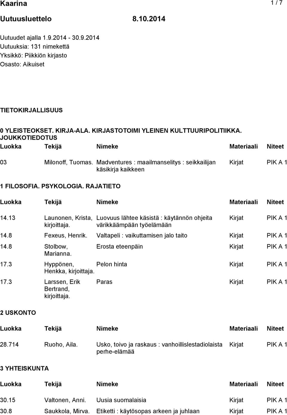 13 Launonen, Krista, Luovuus lähtee käsistä : käytännön ohjeita värikkäämpään työelämään 14.8 Fexeus, Henrik. Valtapeli : vaikuttamisen jalo taito 14.8 Stolbow, Marianna. Erosta eteenpäin 17.