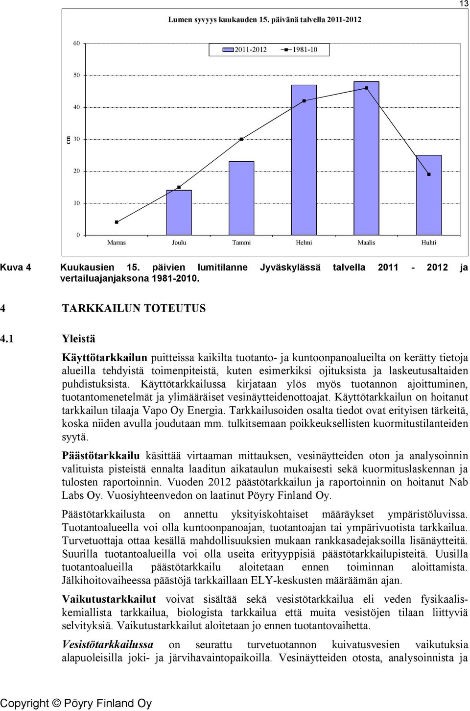 1 Yleistä Käyttötarkkailun puitteissa kaikilta tuotanto- ja kuntoonpanoalueilta on kerätty tietoja alueilla tehdyistä toimenpiteistä, kuten esimerkiksi ojituksista ja laskeutusaltaiden puhdistuksista.