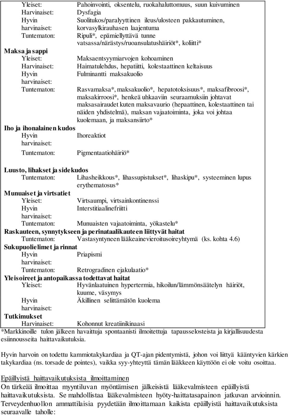 Fulminantti maksakuolio Tuntematon: Rasvamaksa*, maksakuolio*, hepatotoksisuus*, maksafibroosi*, maksakirroosi*, henkeä uhkaaviin seuraamuksiin johtavat maksasairaudet kuten maksavaurio (hepaattinen,