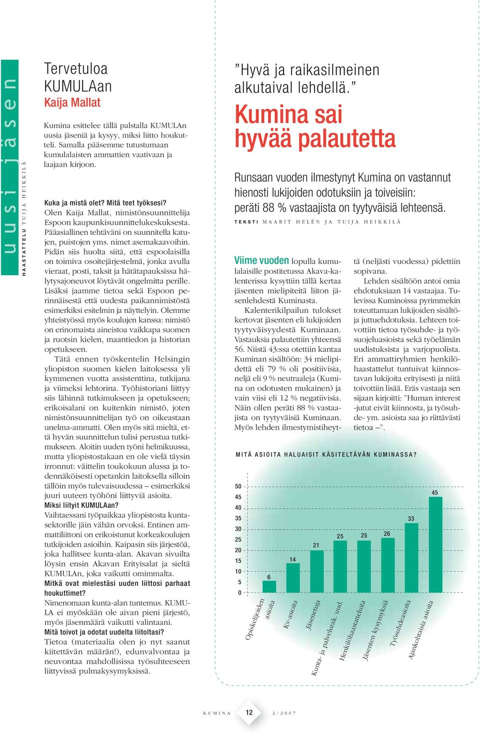 Olen Kaija Mallat, nimistönsuunnittelija Espoon kaupunkisuunnittelukeskuksesta. Pääasiallinen tehtäväni on suunnitella katujen, puistojen yms. nimet asemakaavoihin.