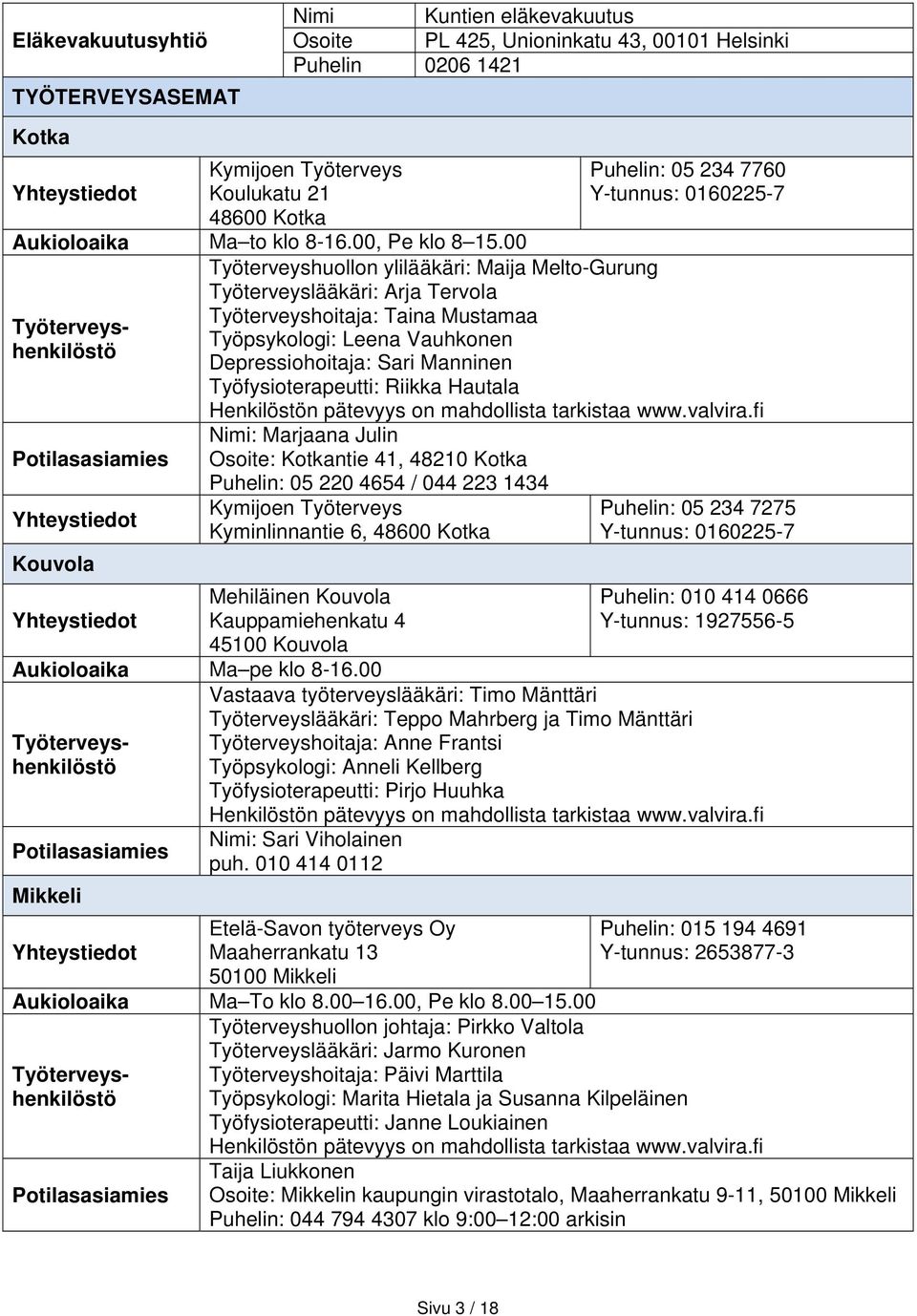 00 Työterveyshenkilöstö Potilasasiamies Yhteystiedot Kouvola Yhteystiedot Puhelin: 05 234 7760 Y-tunnus: 0160225-7 Työterveyshuollon ylilääkäri: Maija Melto-Gurung Työterveyslääkäri: Arja Tervola