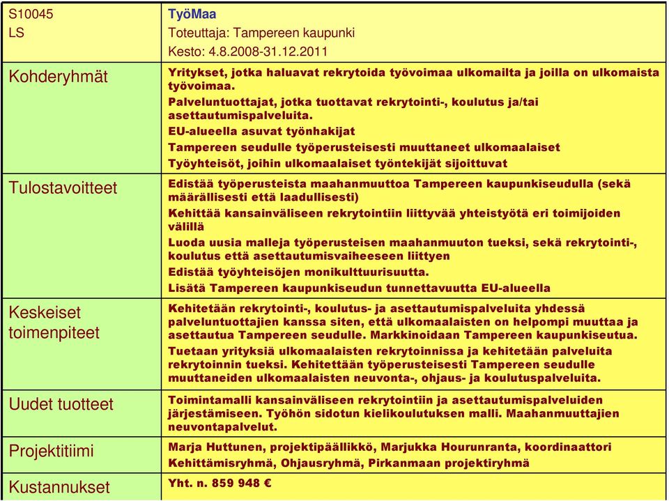 EU-alueella asuvat työnhakijat Tampereen seudulle työperusteisesti muuttaneet ulkomaalaiset Työyhteisöt, joihin ulkomaalaiset työntekijät sijoittuvat Edistää työperusteista maahanmuuttoa Tampereen