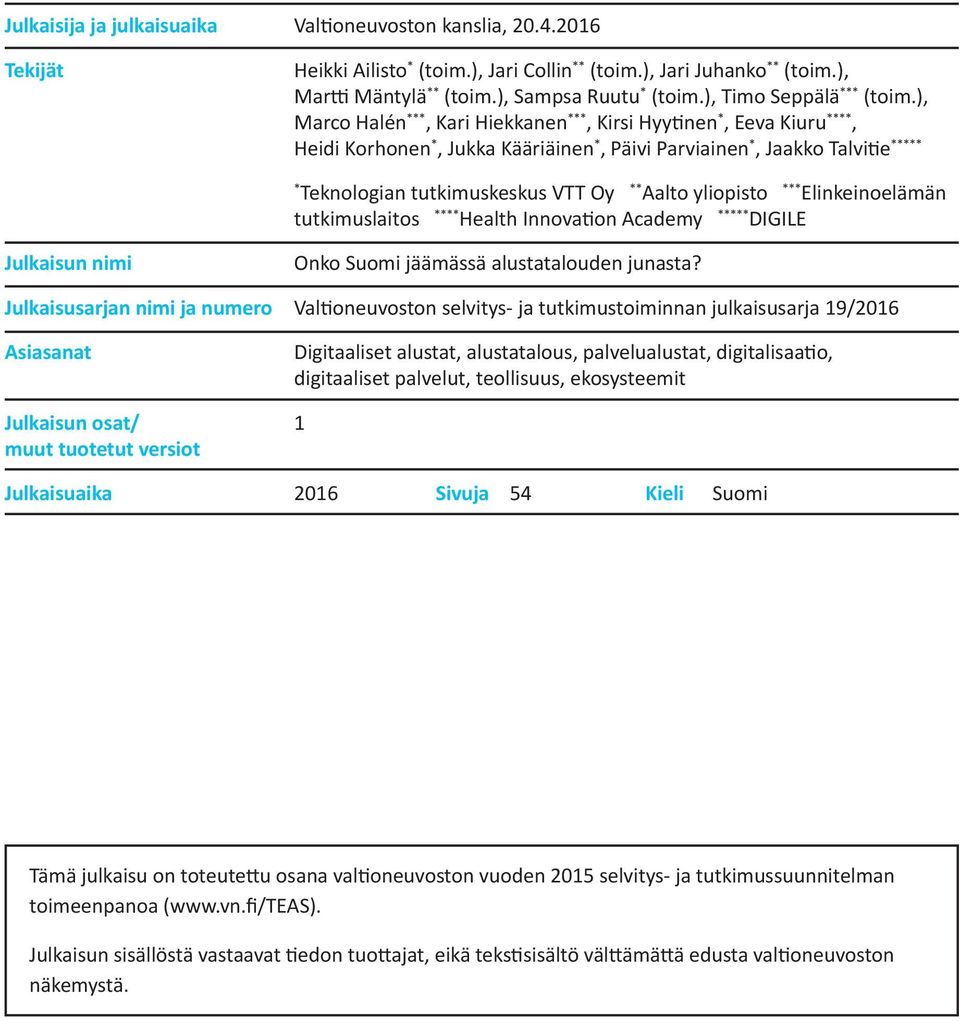 ), Marco Halén ***, Kari Hiekkanen ***, Kirsi Hyytinen *, Eeva Kiuru ****, Heidi Korhonen *, Jukka Kääriäinen *, Päivi Parviainen *, Jaakko Talvitie ***** * Teknologian tutkimuskeskus VTT Oy ** Aalto