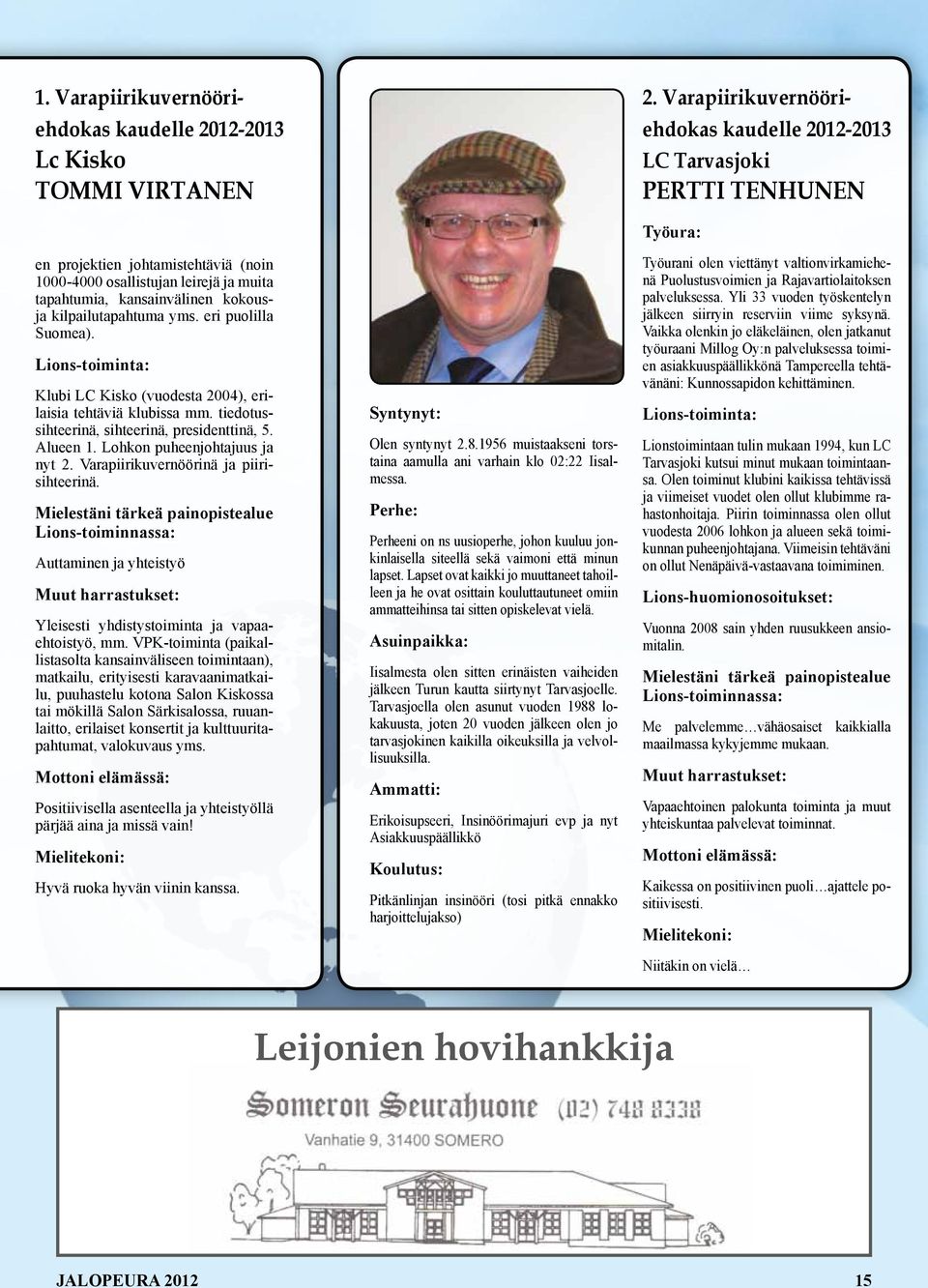 kilpailutapahtuma yms. eri puolilla Suomea). Lions-toiminta: Klubi LC Kisko (vuodesta 2004), erilaisia tehtäviä klubissa mm. tiedotussihteerinä, sihteerinä, presidenttinä, 5. Alueen 1.