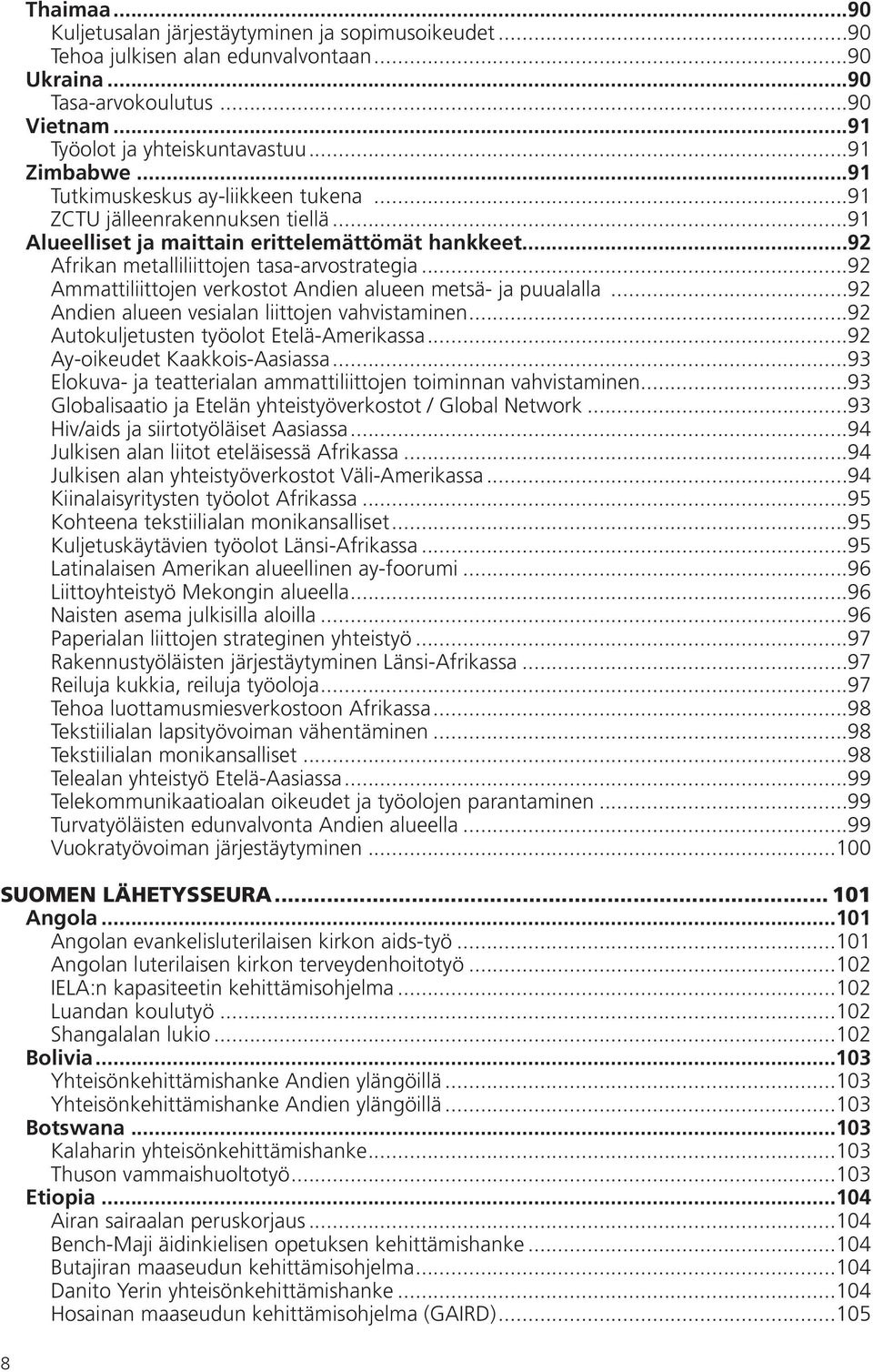 ..92 Ammattiliittojen verkostot Andien alueen metsä- ja puualalla...92 Andien alueen vesialan liittojen vahvistaminen...92 Autokuljetusten työolot Etelä-Amerikassa...92 Ay-oikeudet Kaakkois-Aasiassa.
