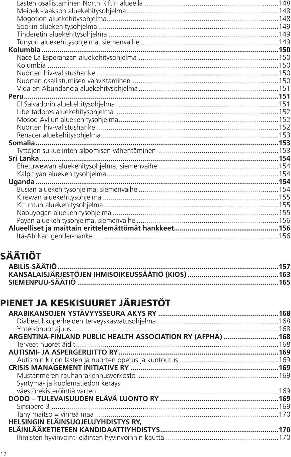 ..150 Vida en Abundancia aluekehitysohjelma...151 Peru...151 El Salvadorin aluekehitysohjelma...151 Libertadores aluekehitysohjelma...152 Mosoq Ayllun aluekehitysohjelma...152 Nuorten hiv-valistushanke.