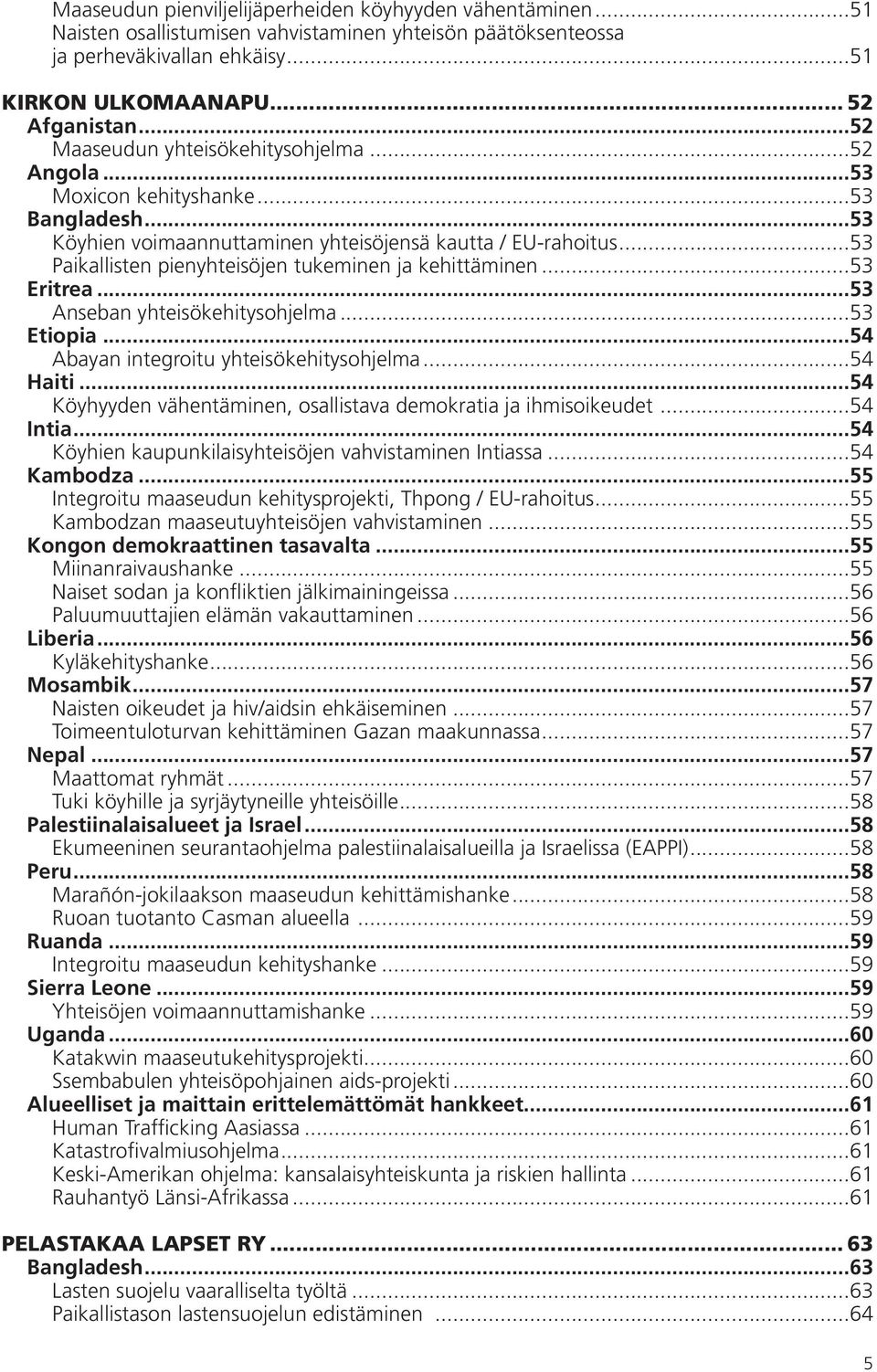 ..53 Paikallisten pienyhteisöjen tukeminen ja kehittäminen...53 Eritrea...53 Anseban yhteisökehitysohjelma...53 Etiopia...54 Abayan integroitu yhteisökehitysohjelma...54 Haiti.