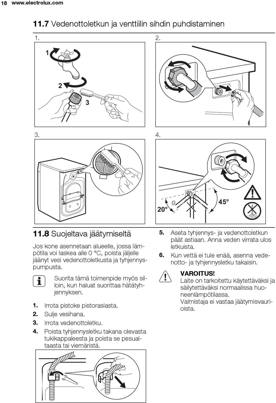 Suorita tämä toimenpide myös silloin, kun haluat suorittaa hätätyhjennyksen. 1. Irrota pistoke pistorasiasta. 2. Sulje vesihana. 3. Irrota vedenottoletku. 4.