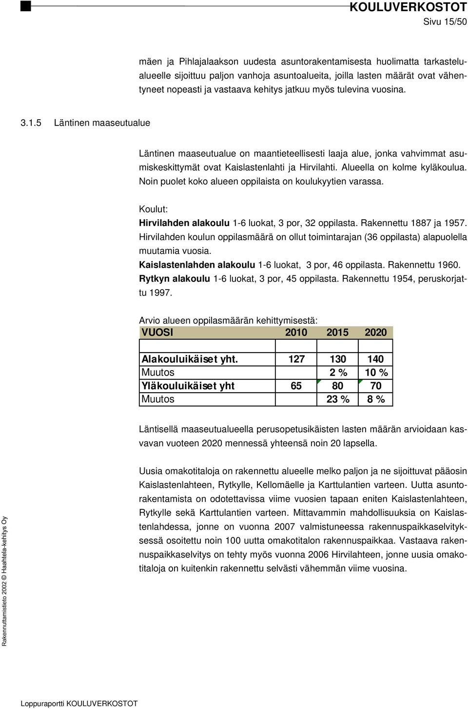 Alueella on kolme kyläkoulua. Noin puolet koko alueen oppilaista on koulukyytien varassa. Koulut: Hirvilahden alakoulu 1-6 luokat, 3 por, 32 oppilasta. Rakennettu 1887 ja 1957.