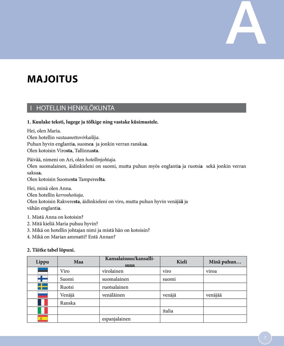 Olen suomalainen, äidinkieleni on suomi, mutta puhun myös englantia ja ruotsia sekä jonkin verran saksaa. Olen kotoisin Suomesta Tampereelta. Hei, minä olen Anna. Olen hotellin kerroshoitaja.