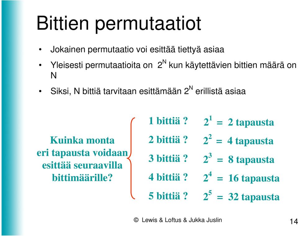 tapausta voidaan esittää seuraavilla bittimäärille? 1 bittiä? 2 bittiä? 3 bittiä? 4 bittiä? 5 bittiä?