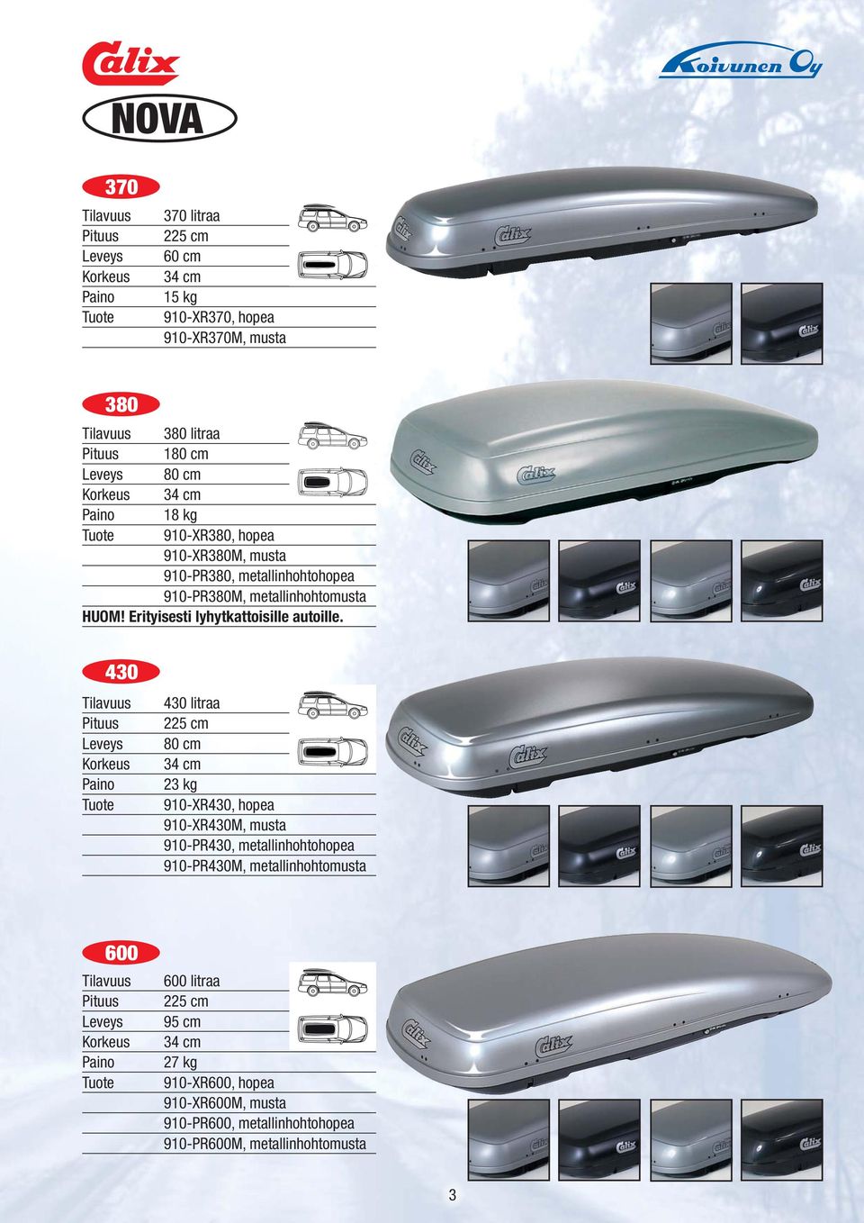 430 430 litraa 225 cm 80 cm 34 cm 23 kg 910-XR430, hopea 910-XR430M, musta 910-PR430, metallinhohtohopea 910-PR430M,