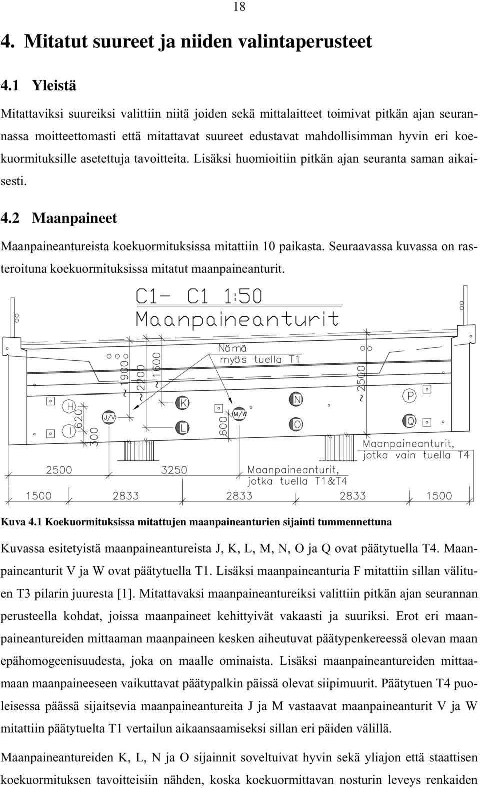 koekuormituksille asetettuja tavoitteita. Lisäksi huomioitiin pitkän ajan seuranta saman aikaisesti. 4.2 Maanpaineet Maanpaineantureista koekuormituksissa mitattiin 10 paikasta.