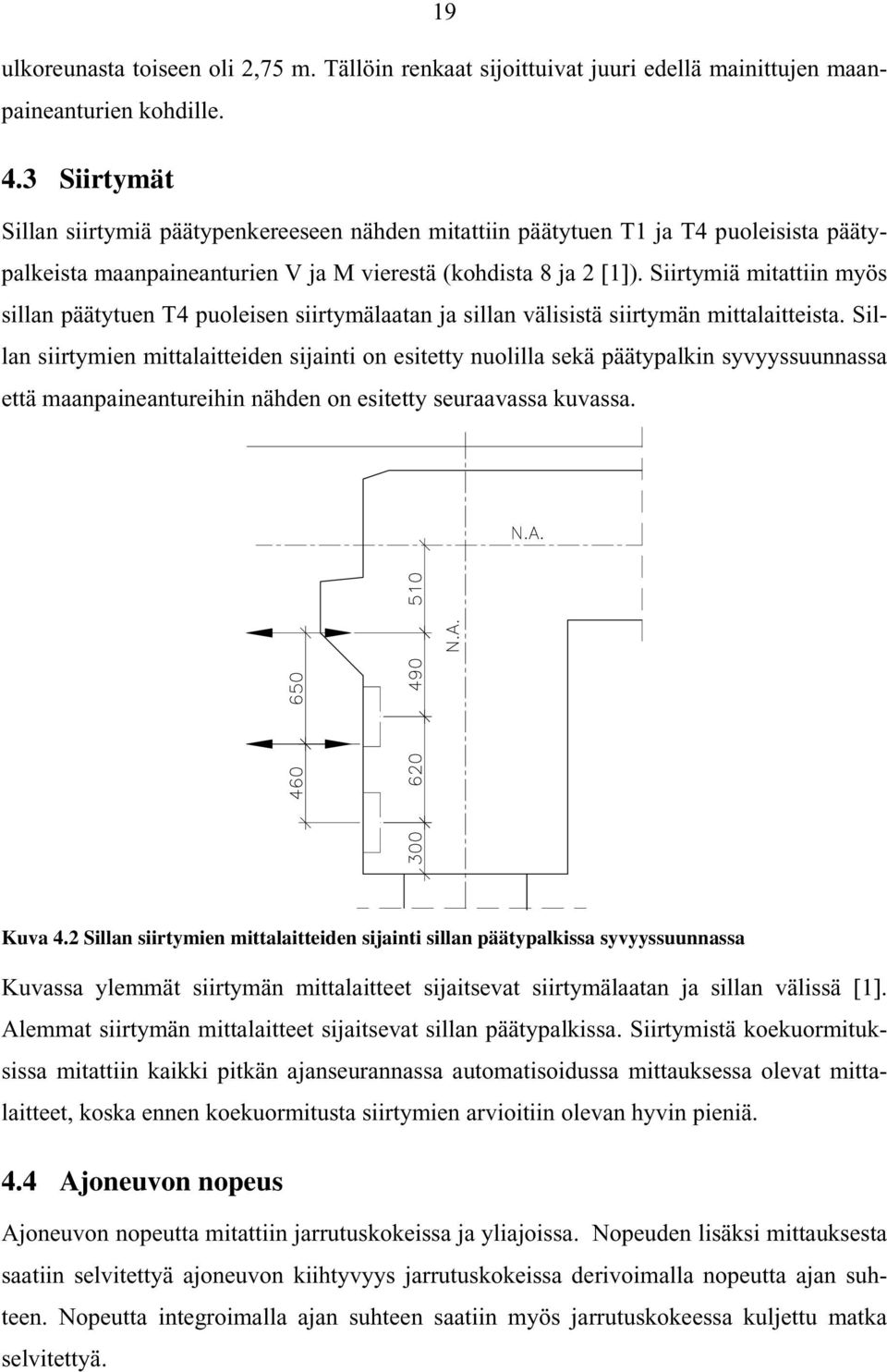 Siirtymiä mitattiin myös sillan päätytuen T4 puoleisen siirtymälaatan ja sillan välisistä siirtymän mittalaitteista.