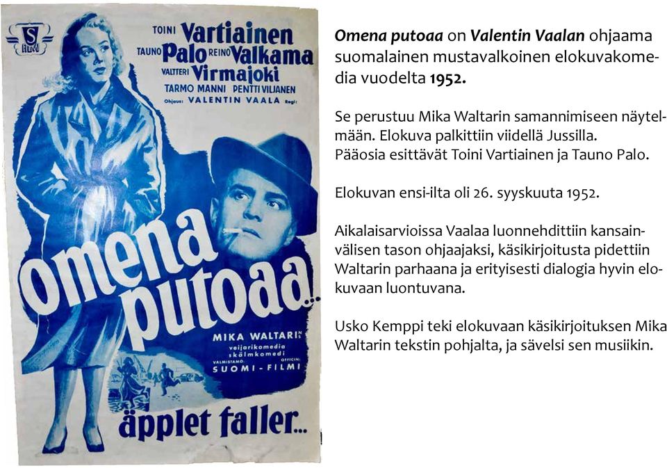 Pääosia esittävät Toini Vartiainen ja Tauno Palo. Elokuvan ensi-ilta oli 26. syyskuuta 1952.