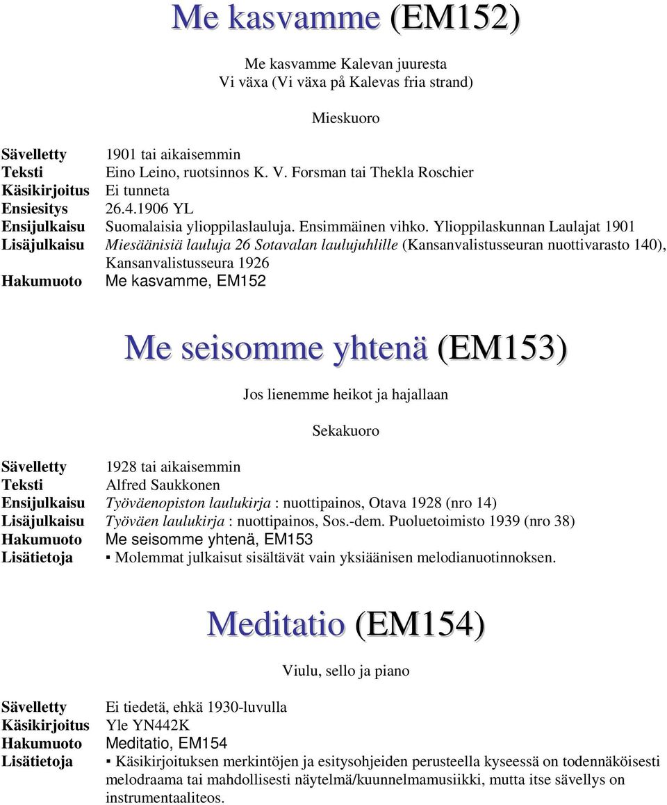 Ylioppilaskunnan Laulajat 1901 Lisäjulkaisu Miesäänisiä lauluja 26 Sotavalan laulujuhlille (Kansanvalistusseuran nuottivarasto 140), Kansanvalistusseura 1926 Me kasvamme, EM152 Me seisomme yhtenä