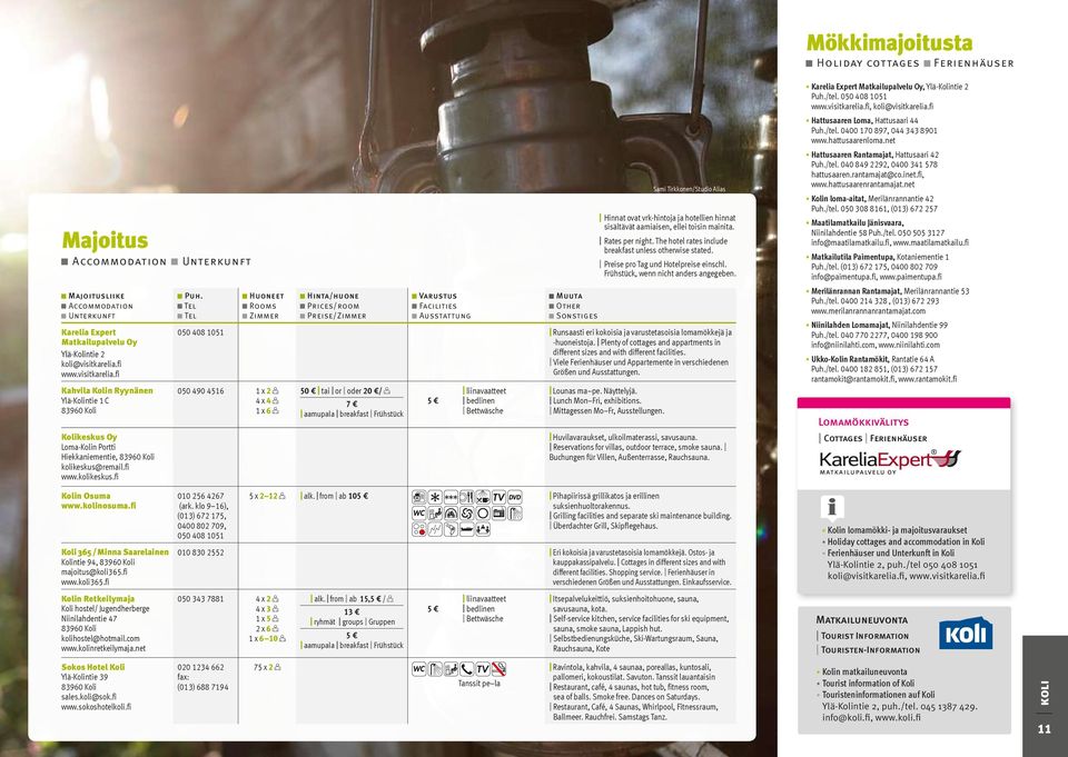 net Kolin loma-aitat, Merilänrannantie 42 Puh./tel. 050 308 8161, (013) 672 257 Maatilamatkailu Jänisvaara, Niinilahdentie 58 Puh./tel. 050 505 3127 info@maatilamatkailu.