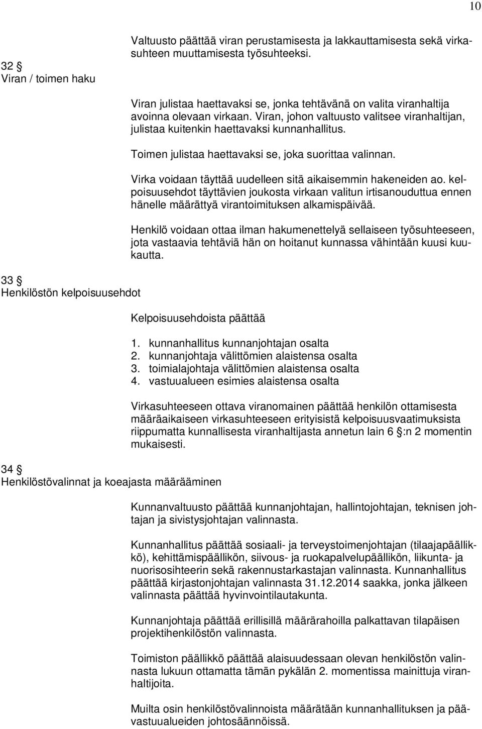 Viran, johon valtuusto valitsee viranhaltijan, julistaa kuitenkin haettavaksi kunnanhallitus. Toimen julistaa haettavaksi se, joka suorittaa valinnan.