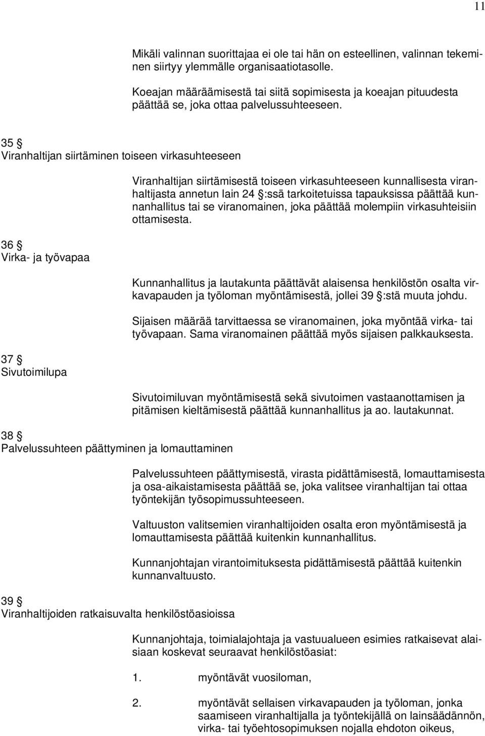 35 Viranhaltijan siirtäminen toiseen virkasuhteeseen 36 Virka- ja työvapaa 37 Sivutoimilupa 38 Palvelussuhteen päättyminen ja lomauttaminen 39 Viranhaltijoiden ratkaisuvalta henkilöstöasioissa