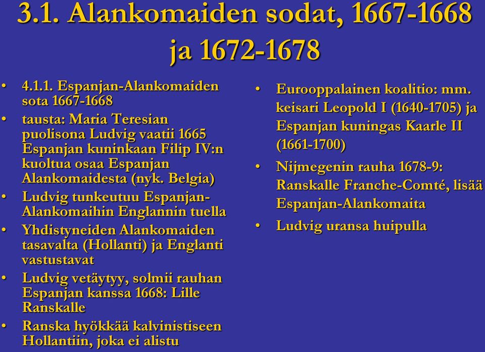 Espanjan kanssa 1668: Lille Ranskalle Ranska hyökkää kalvinistiseen Hollantiin, joka ei alistu Eurooppalainen koalitio: mm.